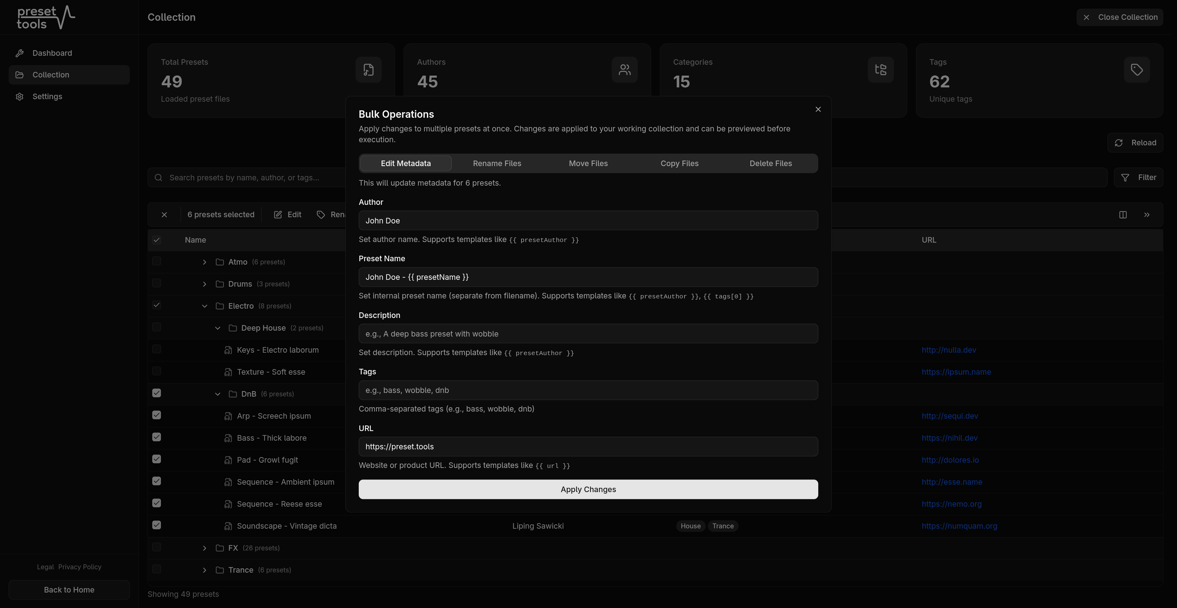 Bulk editing Serum 2 preset metadata in preset.tools