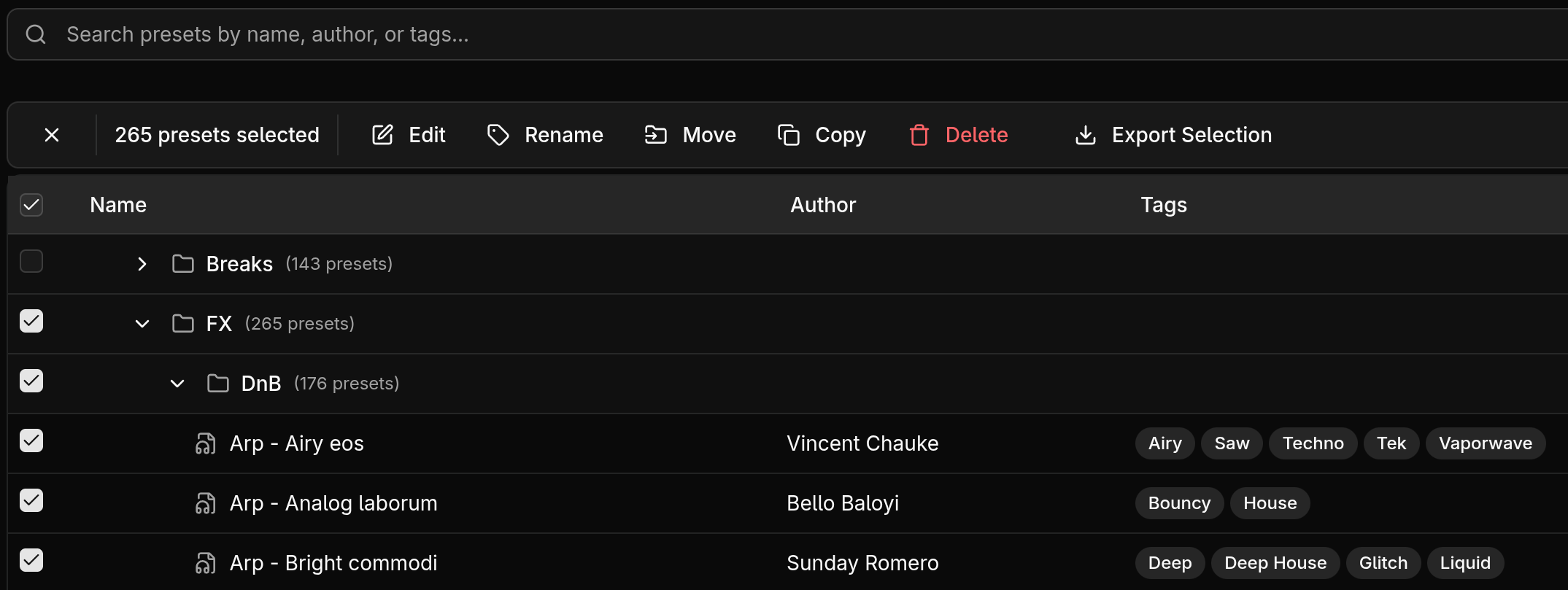 Serum 2 preset collection table with selected presets for bulk editing